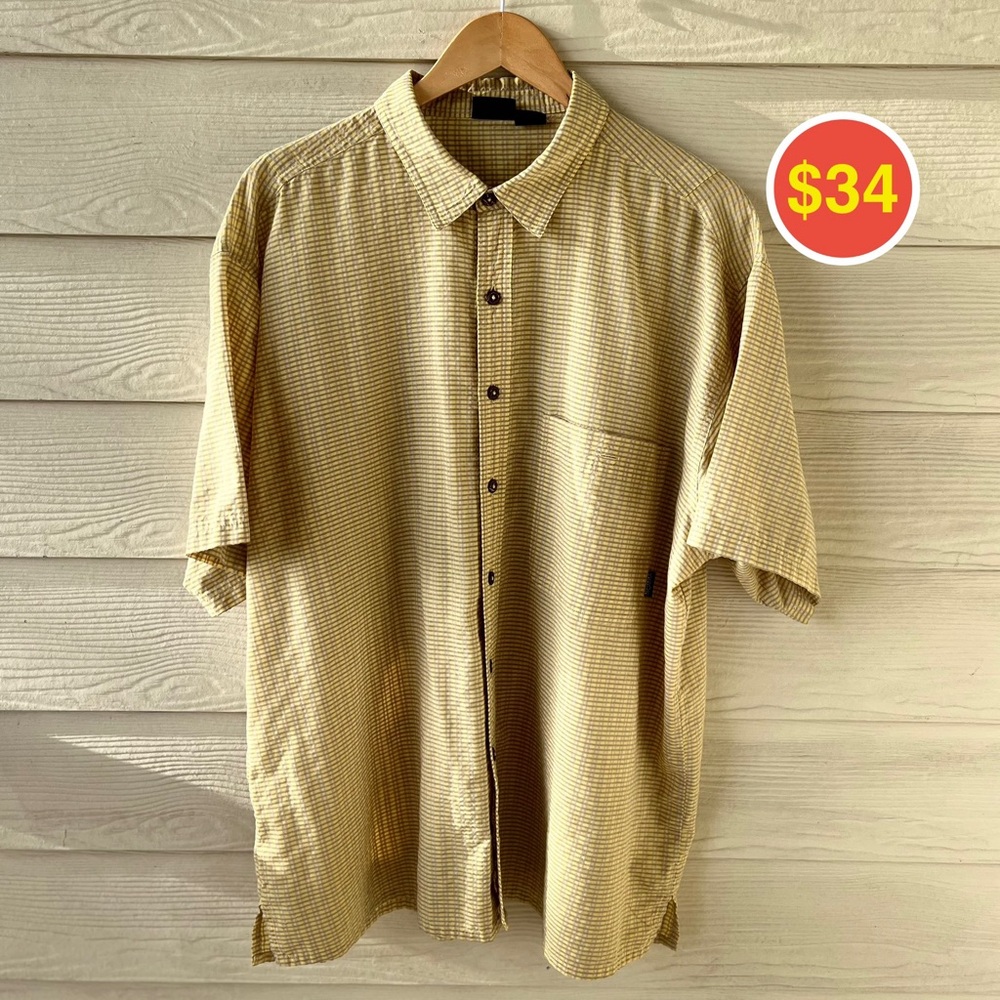 Patagonia Back Step Shirt Men’s XL Tan Stripe Hemp Cotton Short Sleeve Button Up
